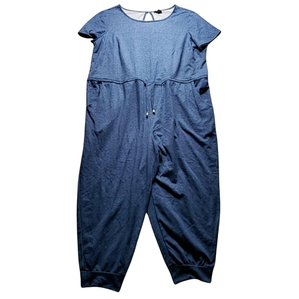Tacera Jumpsuit Womens Plus 2X Blue Short Sleeve Crew Neck Drawstring Pockets